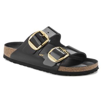 Birkenstock Arizona Boucle Large en cuir naturel breveté étroit en Noir brillant de haute qualité