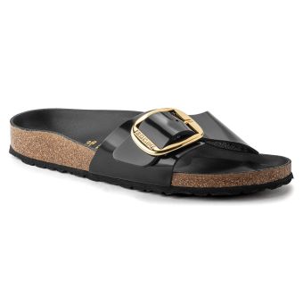 Birkenstock Madrid Big Buckle en cuir naturel verni étroit en noir brillant