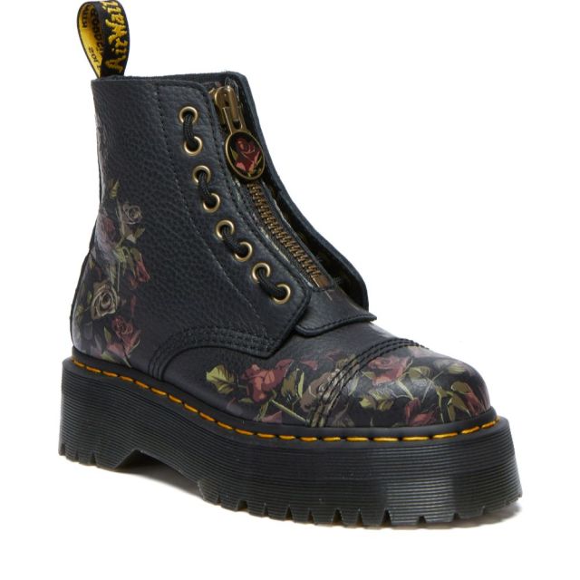 Dr. Martens Bottes plateforme en cuir et roses décrépies Sinclair en Noir